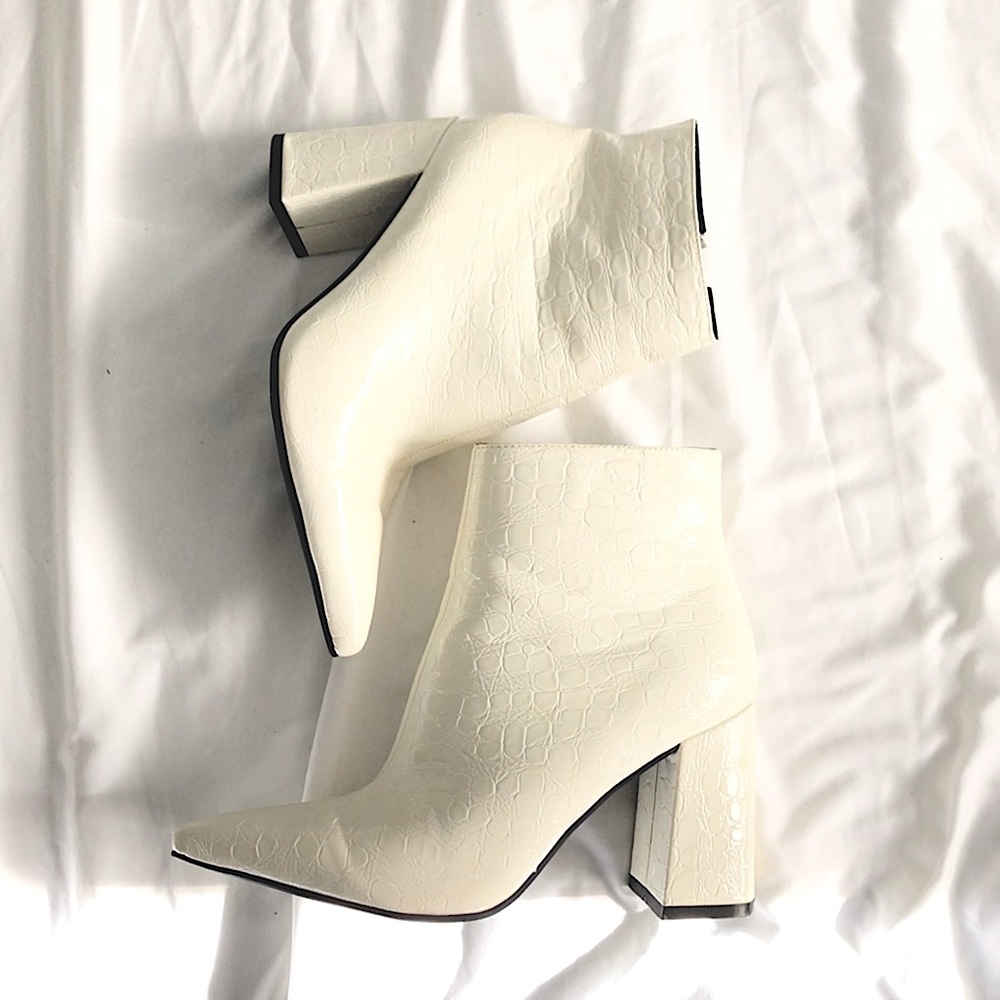White Crocodile Skin Heel Booties